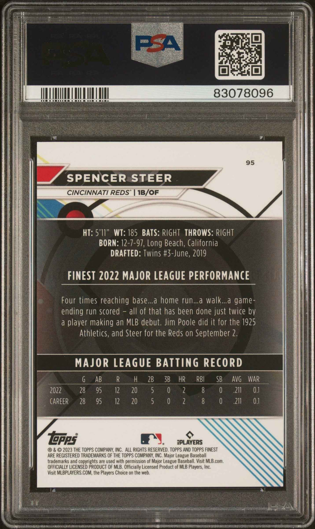 Graded 2023 Topps Finest Spencer Steer #95 Green Lava /99 Rookie RC Baseball Card PSA 10 Gem Mint
