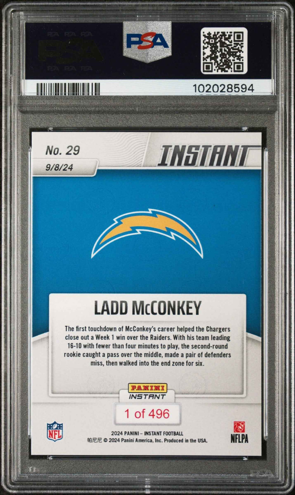 Graded 2024 Panini Instant NFL Ladd McConkey #29 Rookie RC Football Card PSA 9 Mint