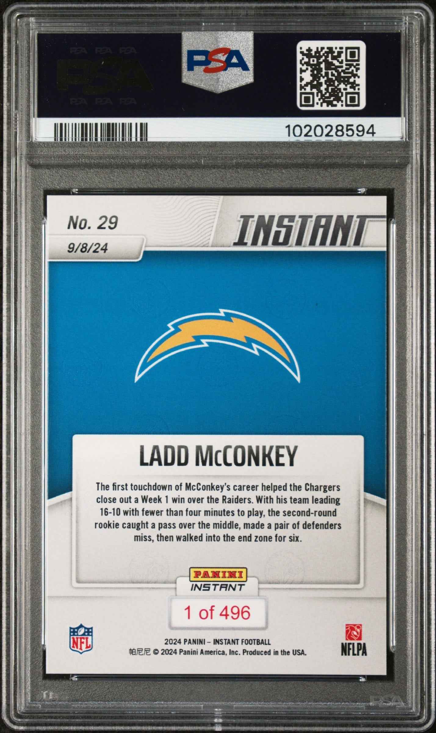 Graded 2024 Panini Instant NFL Ladd McConkey #29 Rookie RC Football Card PSA 9 Mint