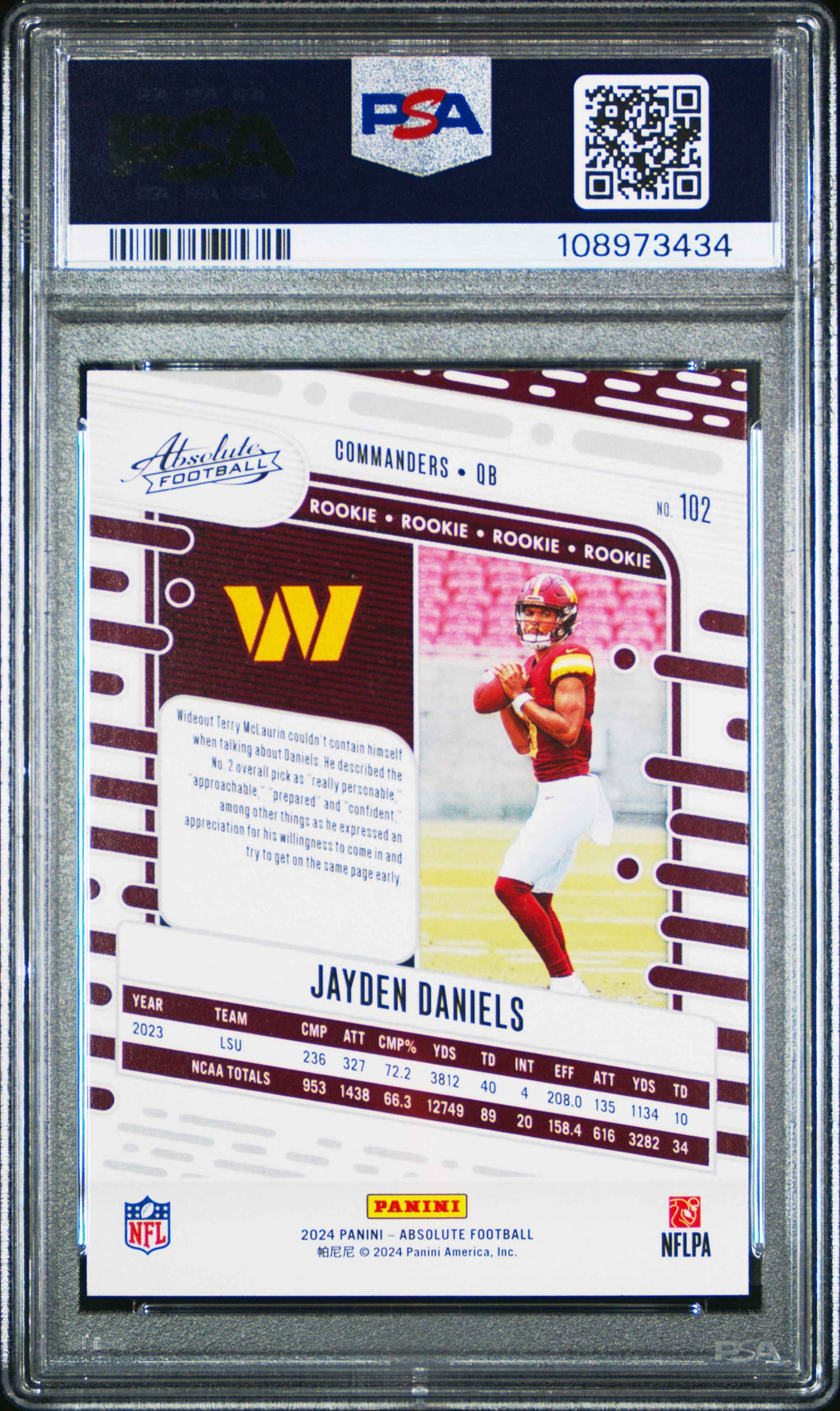Graded 2024 Panini Absolute Jayden Daniels #102 Rookie RC Football Card PSA 9 Mint