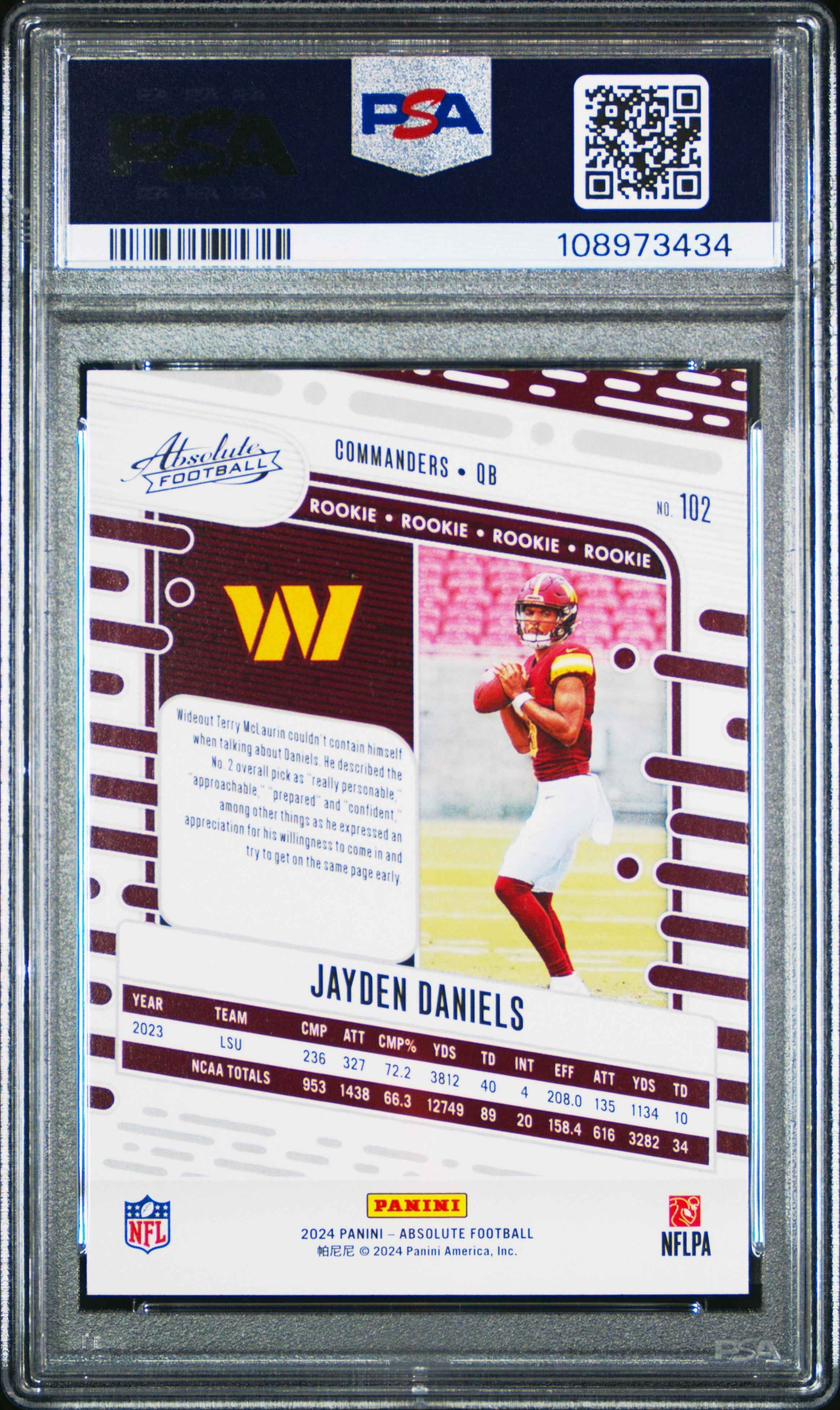 Graded 2024 Panini Absolute Jayden Daniels #102 Rookie RC Football Card PSA 9 Mint