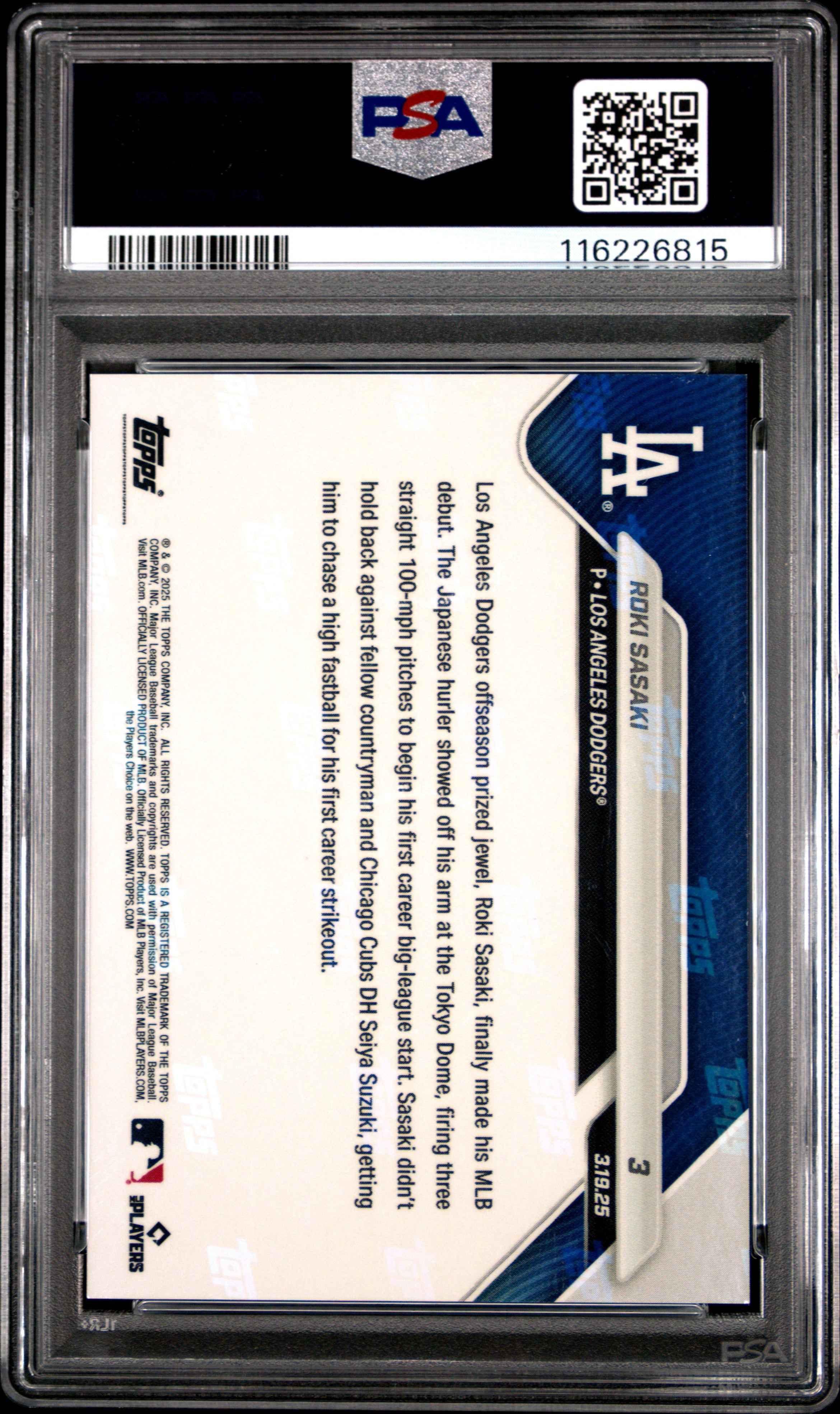 Graded 2025 Topps Now Roki Sasaki #3 Rookie RC Baseball Card PSA 9 Mint