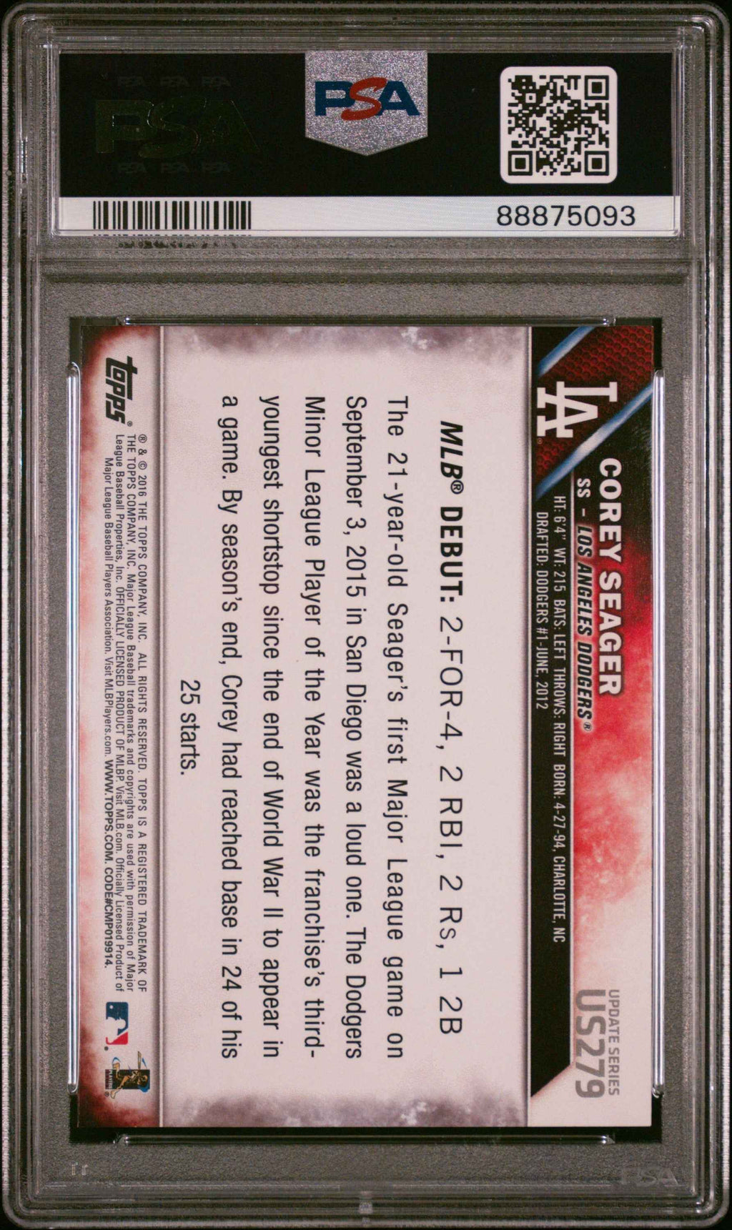 Graded 2016 Topps Update Corey Seager #US279 Rookie RC Baseball Card PSA 10 Gem Mint