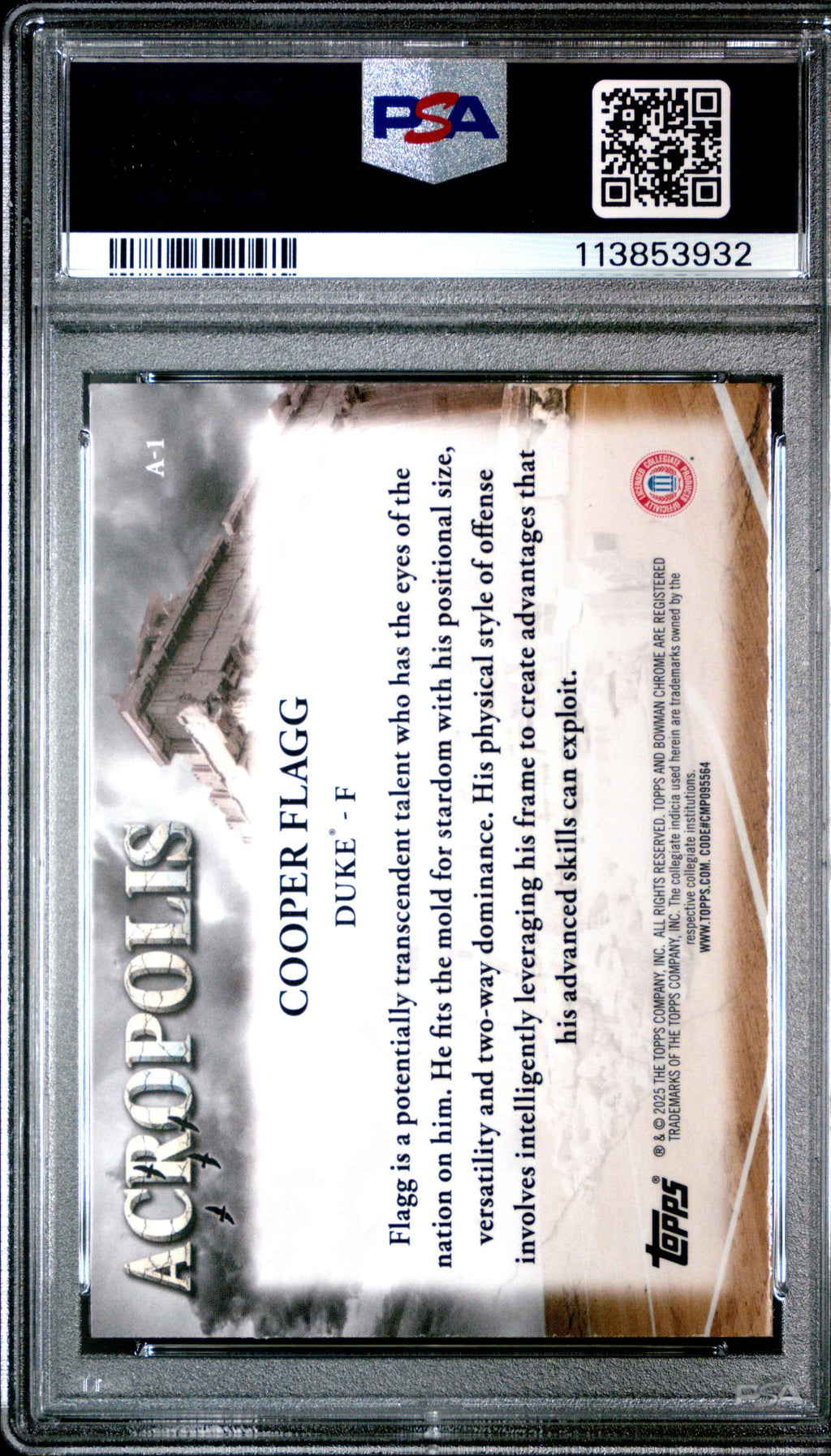 Graded 2024 Topps Bowman Chrome U Cooper Flagg #A1 Acroplis Rookie RC Basketball Card PSA 10 Gem Mint