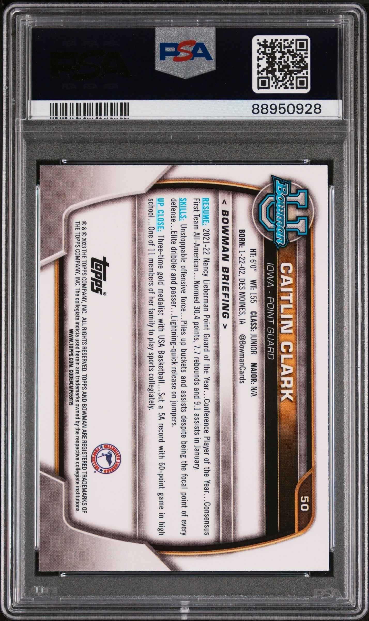 Graded 2022 Topps Bowman University Caitlin Clark #50 Rookie RC Basketball Card PSA 8 Near Mint