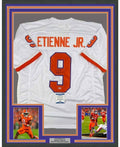 Framed Autographed/Signed Travis Etienne Jr. 35x39 Clemson White College Football Jersey Beckett BAS COA