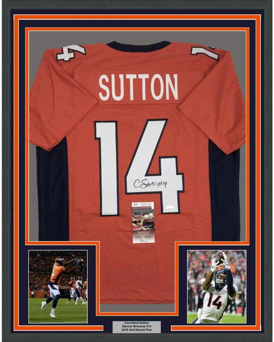 Framed Autographed/Signed Courtland Sutton 35x39 Denver Orange Football Jersey JSA COA