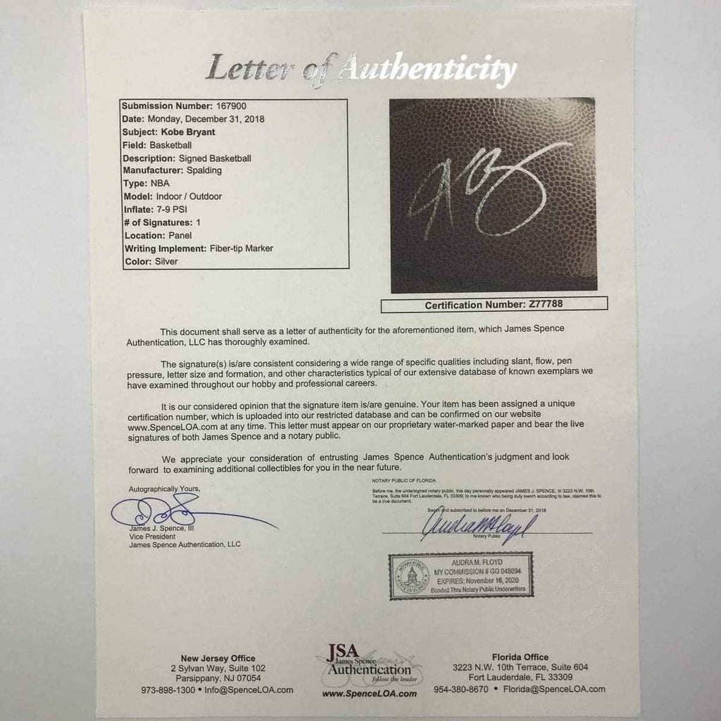 Autographed/Signed Kobe Bryant Los Angeles Lakers Spalding Full Size FS Basketball JSA COA/LOA