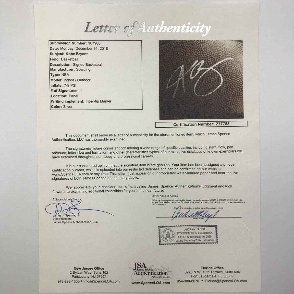 Autographed/Signed Kobe Bryant Los Angeles Lakers Spalding Full Size FS Basketball JSA COA/LOA