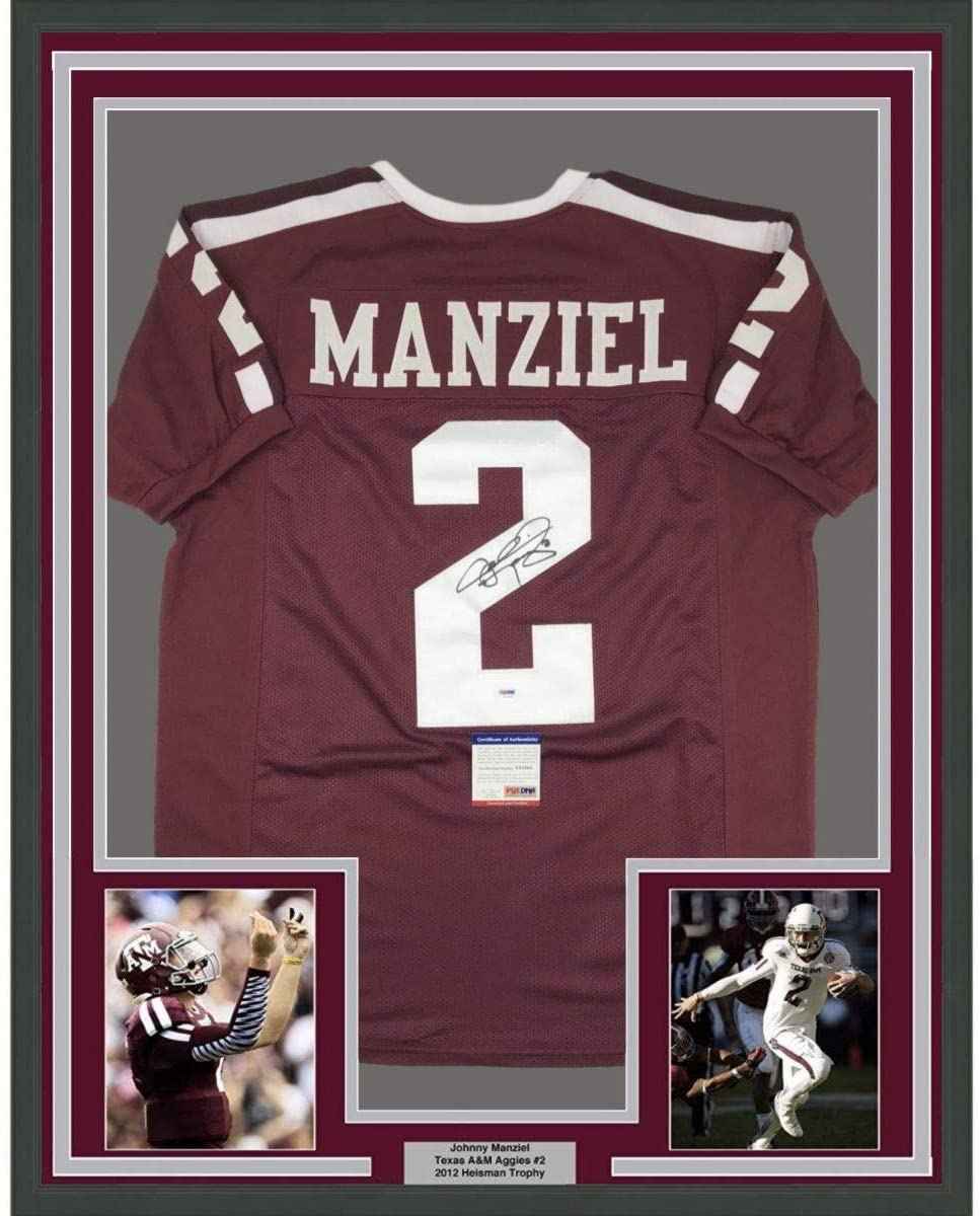 Framed Autographed/Signed Johnny Manziel 35x39 Texas A&M Maroon College Football Jersey PSA/DNA COA