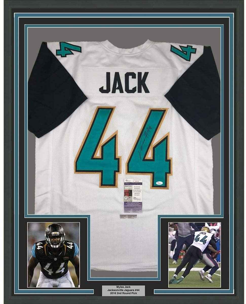 Framed Autographed/Signed Myles Jack 35x39 Jacksonville Retro White Football Jersey JSA COA
