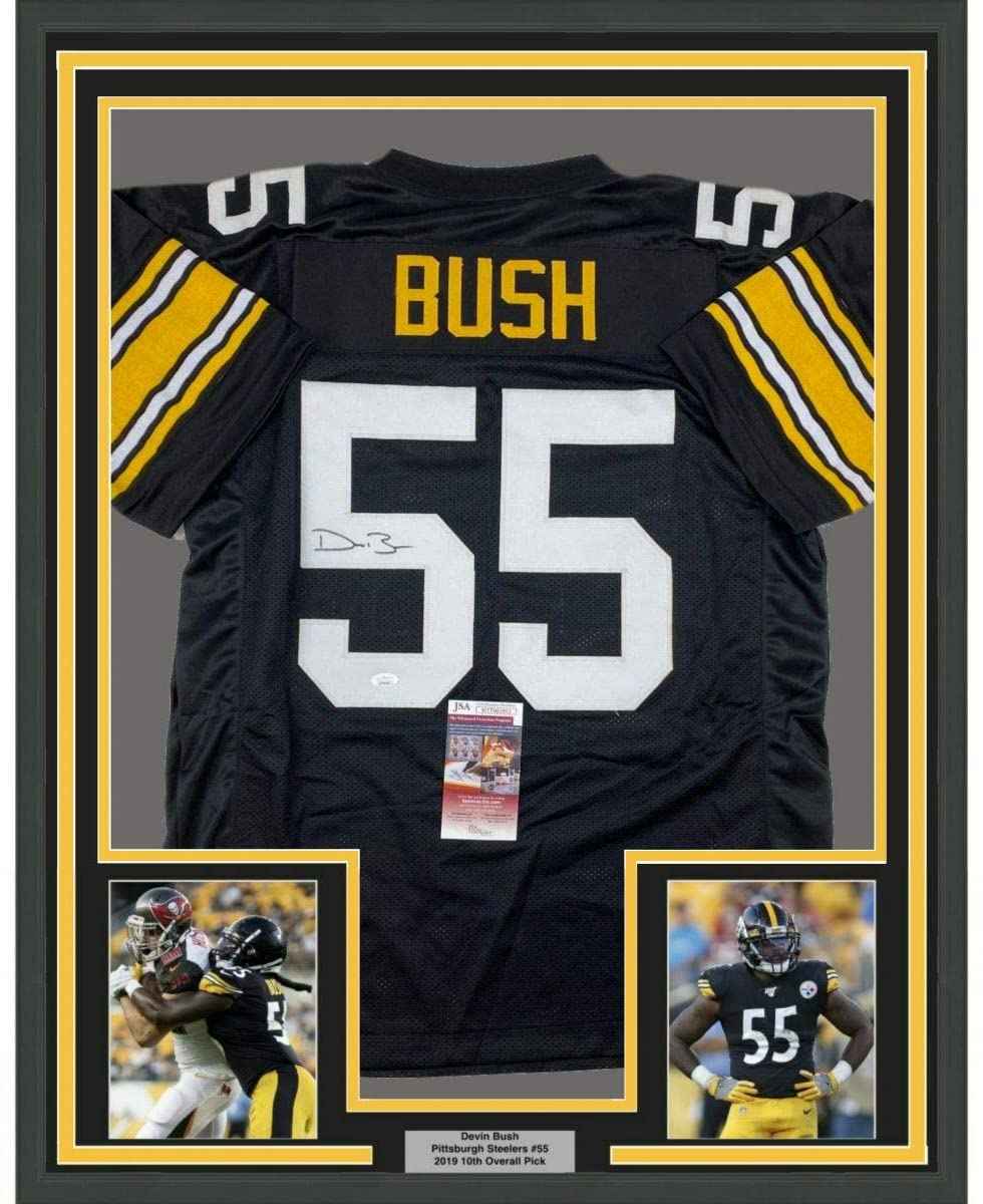 Framed Autographed/Signed Devin Bush 35x39 Pittsburgh Retro Black Football Jersey JSA COA