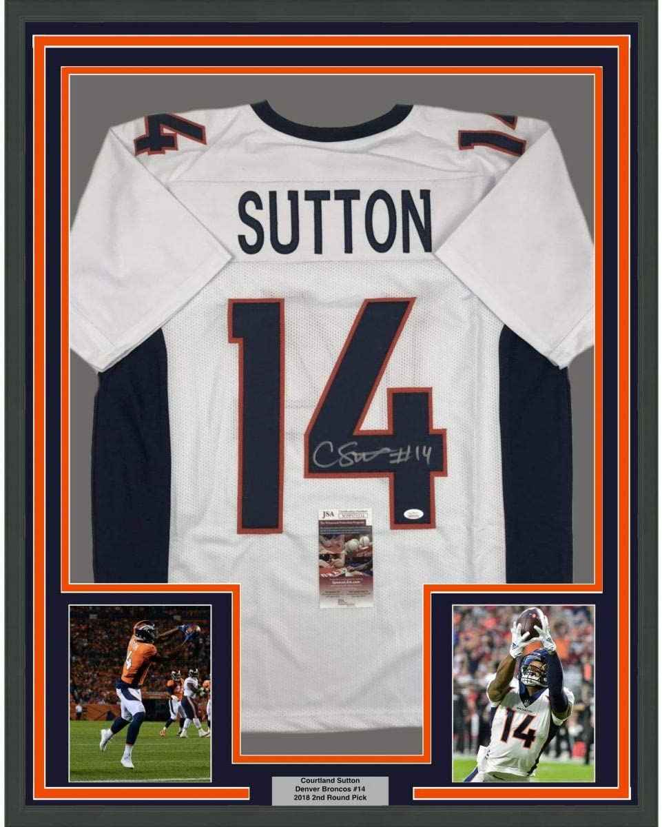 Framed Autographed/Signed Courtland Sutton 35x39 Denver White Football Jersey JSA COA