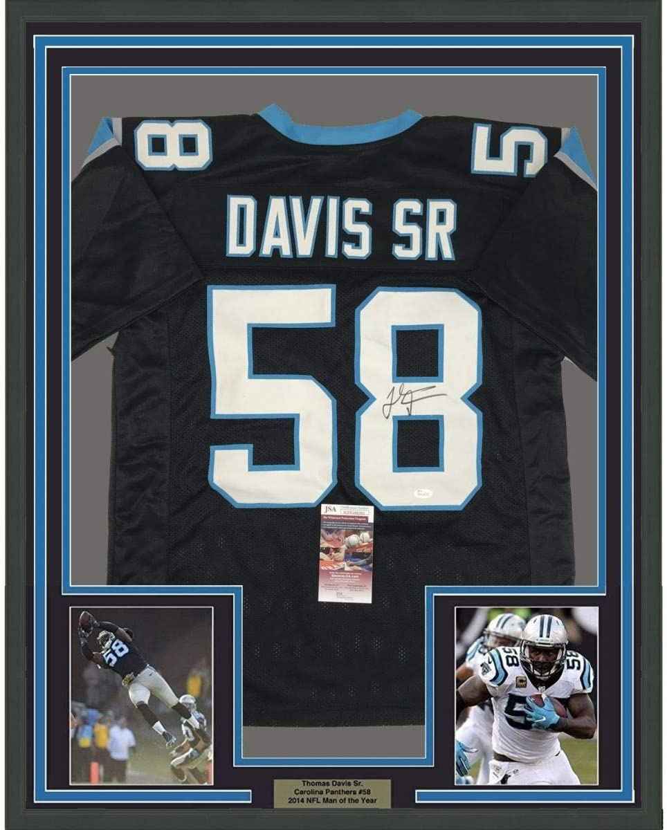 Framed Autographed/Signed Thomas Davis Sr. 35x39 Carolina Black Football Jersey JSA COA