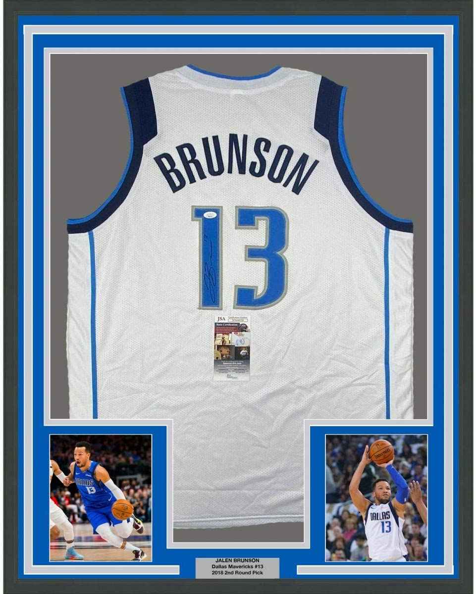 Framed Autographed/Signed Jalen Brunson 35x39 Dallas White Basketball Jersey JSA COA