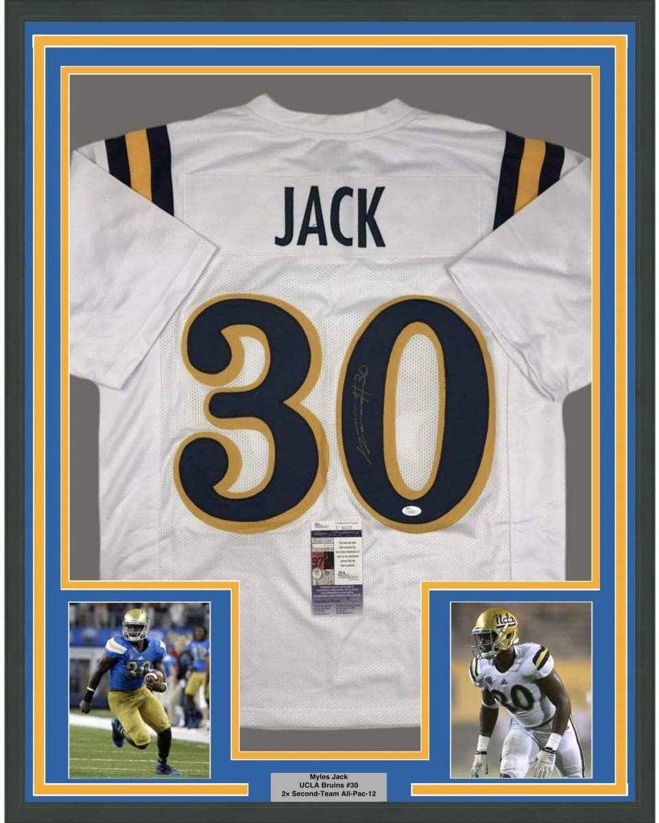 Framed Autographed/Signed Myles Jack 35x39 UCLA White College Football Jersey JSA COA