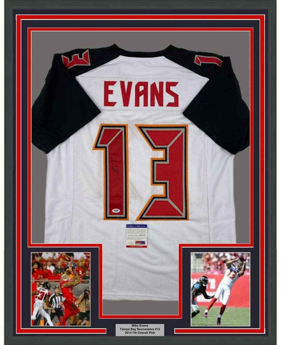 Framed Autographed/Signed Mike Evans 35x39 Tampa Bay White Football Jersey PSA/DNA COA