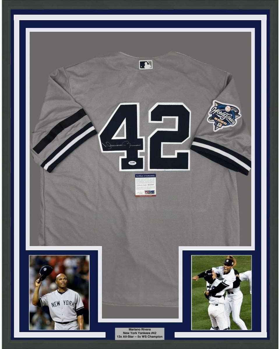 Framed Autographed/Signed Mariano Rivera 35x39 New York Grey Baseball Jersey PSA/DNA COA
