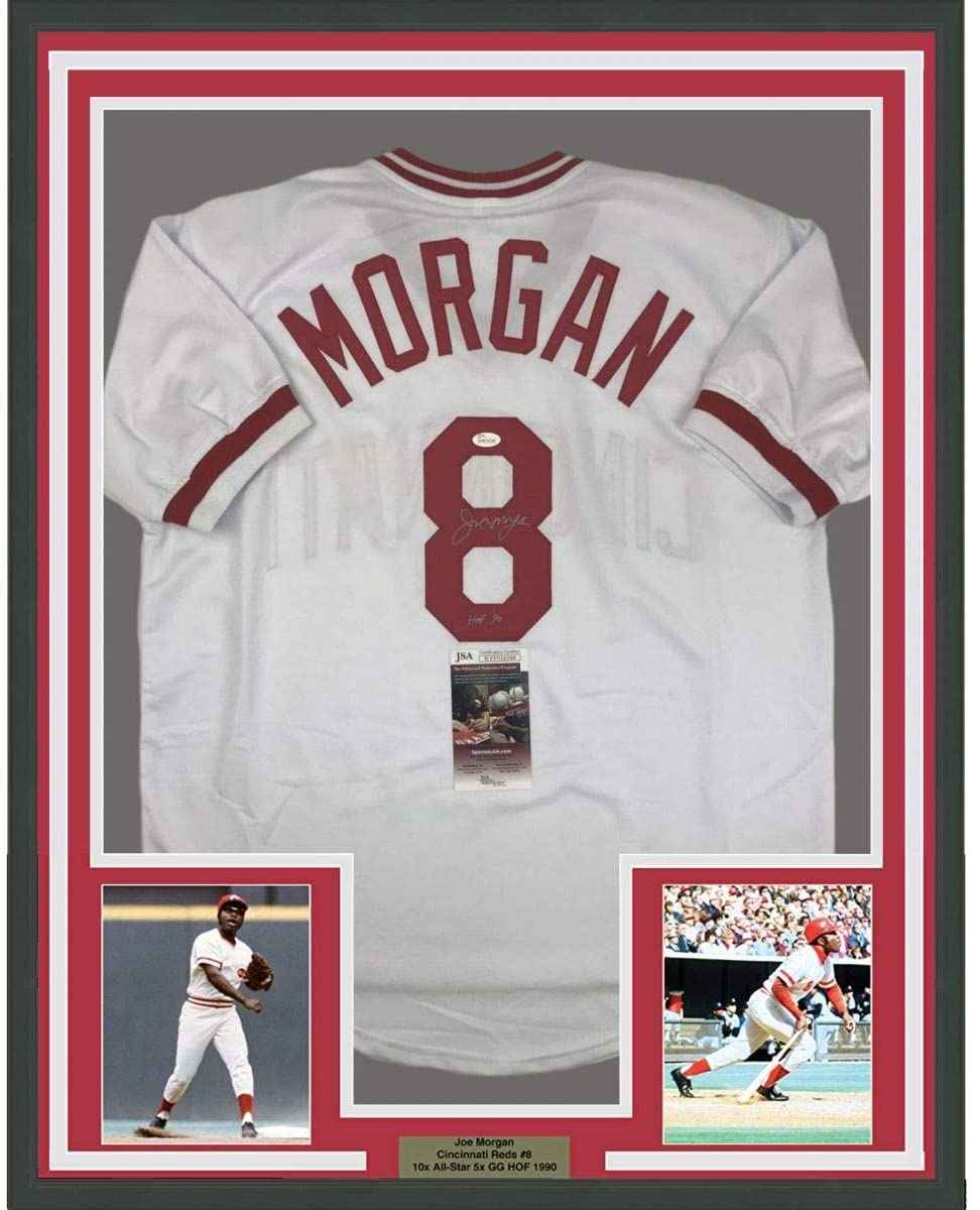 Framed Autographed/Signed Joe Morgan HOF 90 35x39 Cincinnati White Baseball Jersey JSA COA