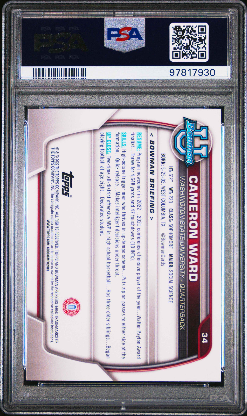 Graded 2022 Topps Bowman University Cam Ward #34 Chrome Prospects Purple Shimmer Refractor Rookie RC Football Card PSA 10 Gem Mint