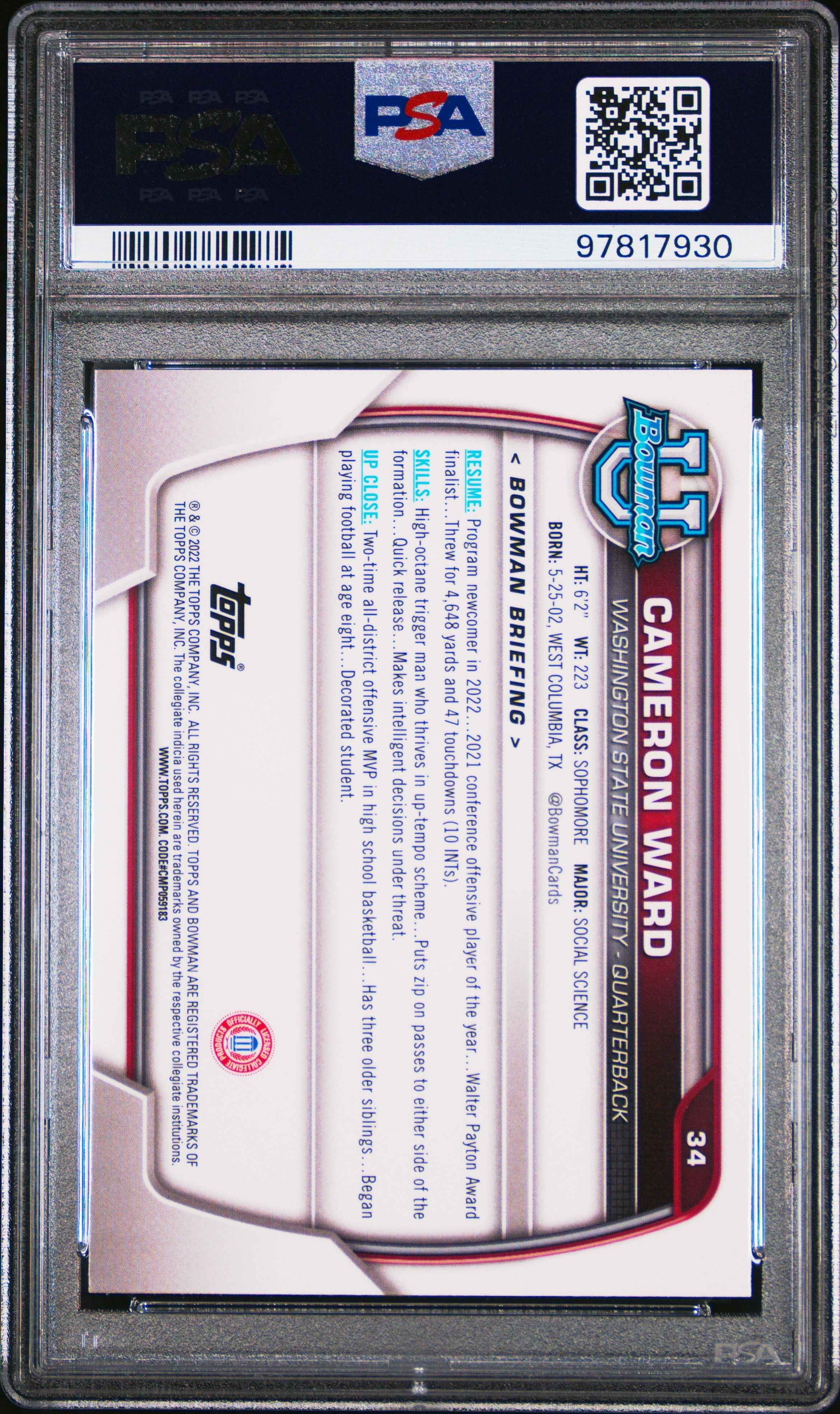 Graded 2022 Topps Bowman University Cam Ward #34 Chrome Prospects Purple Shimmer Refractor Rookie RC Football Card PSA 10 Gem Mint
