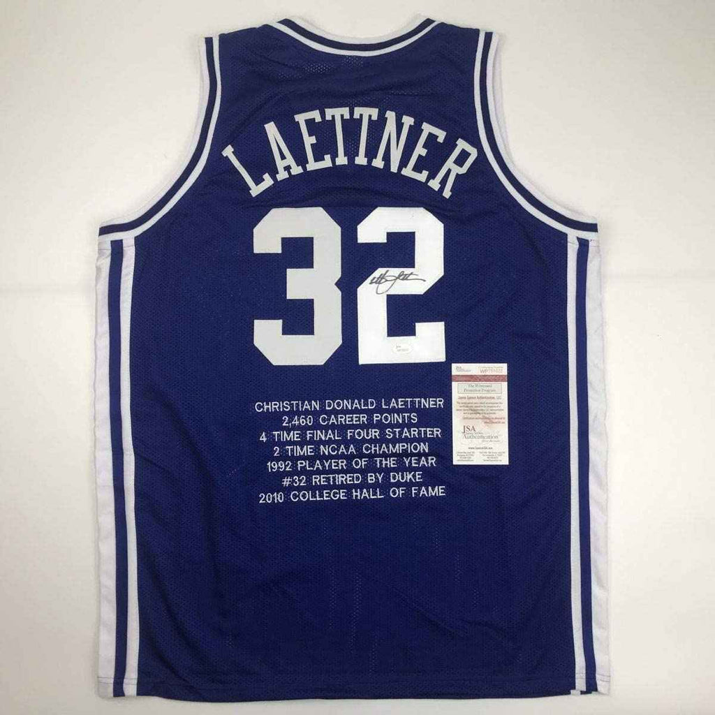 Autographed/Signed Christian Laettner Duke Blue Stat The Shot College Basketball Jersey JSA COA