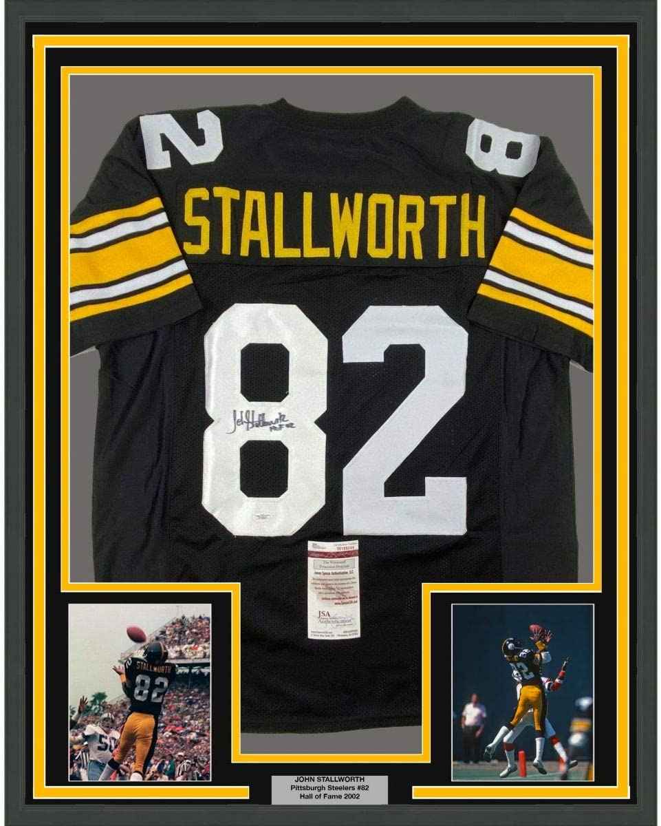 Framed Autographed/Signed John Stallworth HOF 02 35x39 Pittsburgh Black Football Jersey JSA COA