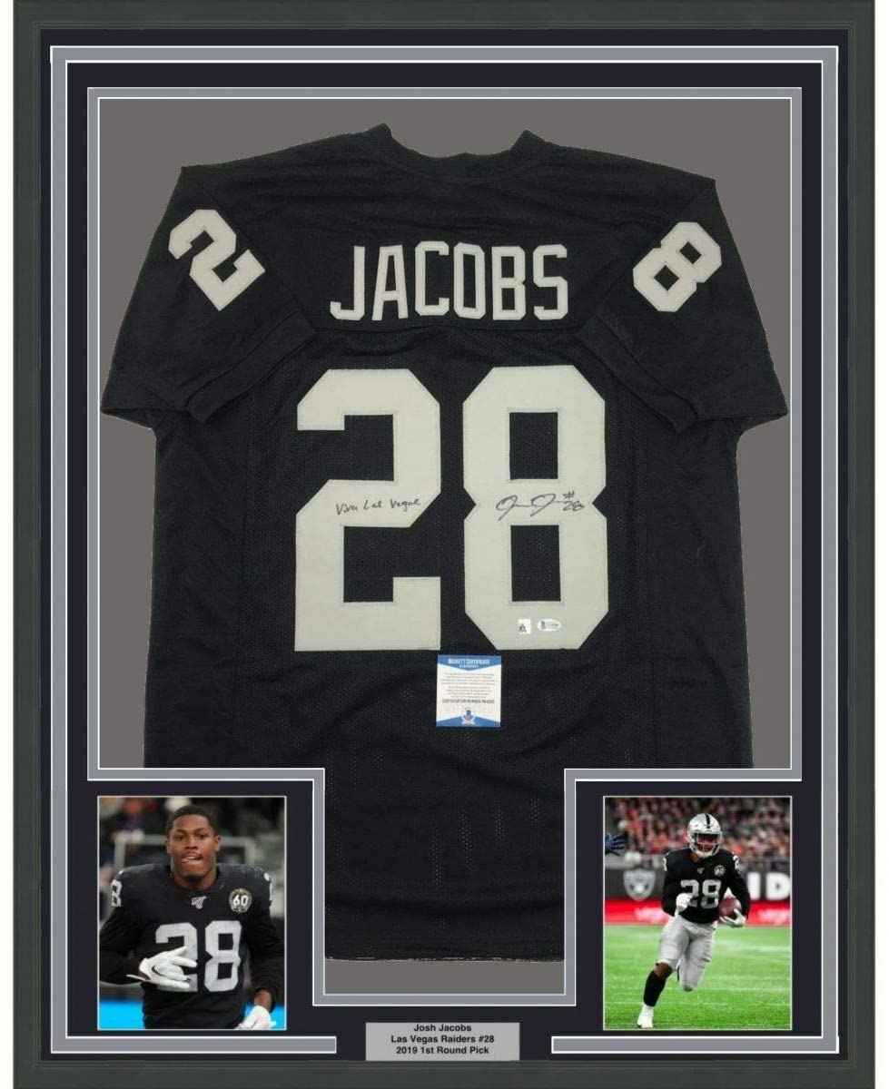 Framed Autographed/Signed Josh Jacobs Viva 35x39 Las Vegas Oakland Black Football Jersey Beckett BAS COA
