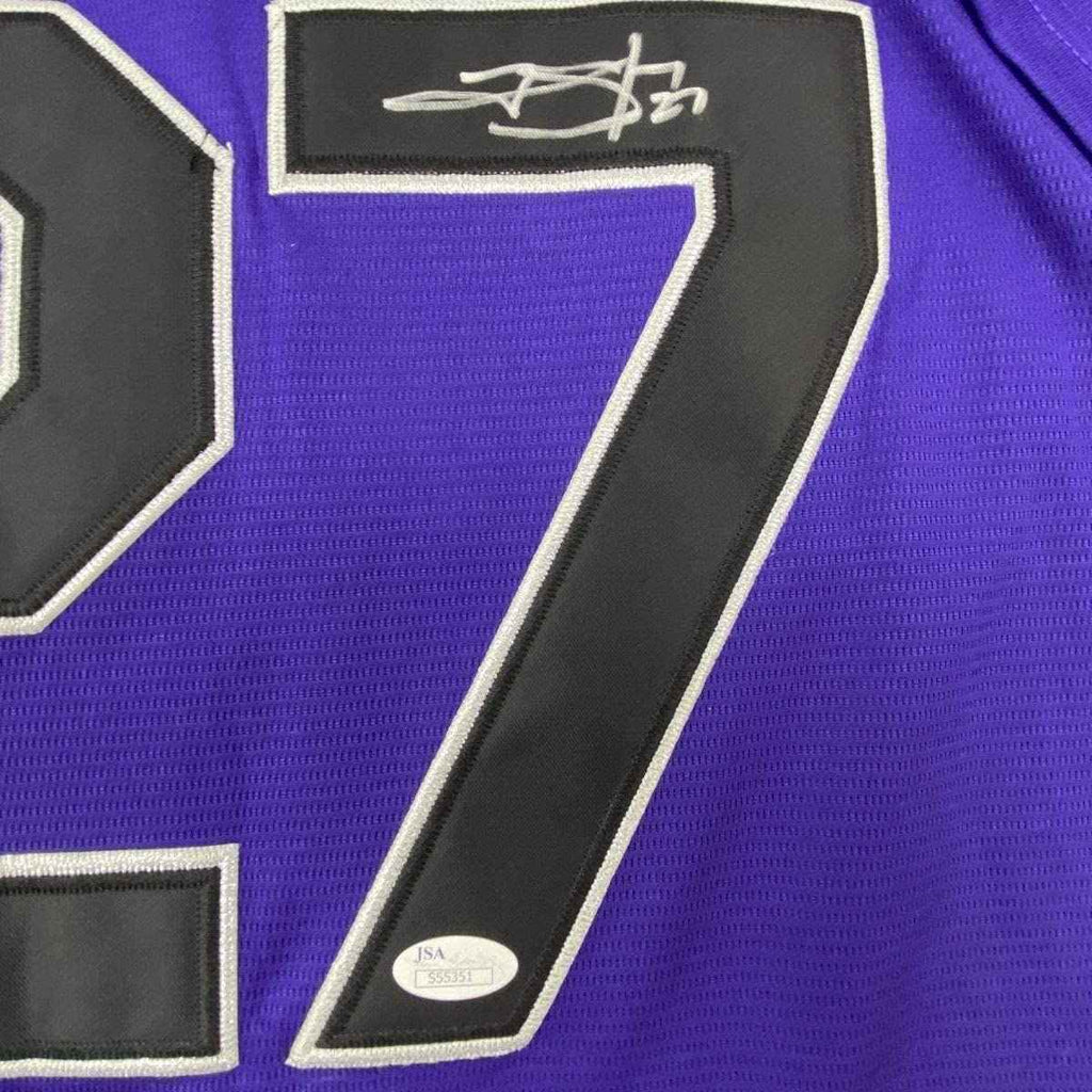 Framed Autographed/Signed Trevor Story 35x39 Colorado Purple Baseball Jersey JSA COA Holo Only