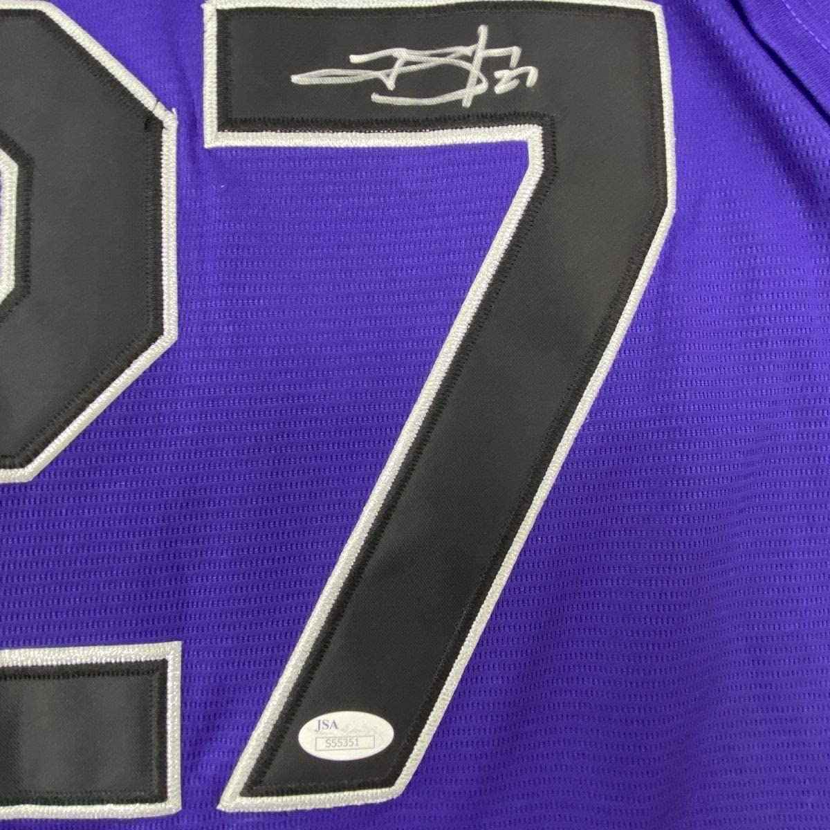 Framed Autographed/Signed Trevor Story 35x39 Colorado Purple Baseball Jersey JSA COA Holo Only