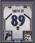 Framed Autographed/Signed Steve Smith Sr. 35x39 Baltimore White Football Jersey JSA COA