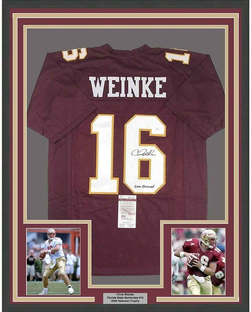 Framed Autographed/Signed Chris Weinke 2000 Heisman  35x39 Florida State Seminoles Maroon College Football Jersey JSA COA