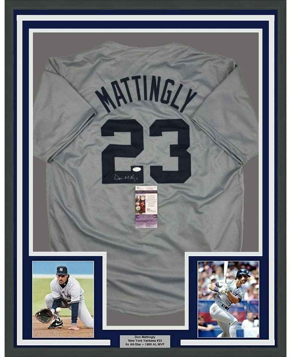 Framed Autographed/Signed Don Mattingly 35x39 New York Grey Baseball Jersey JSA COA