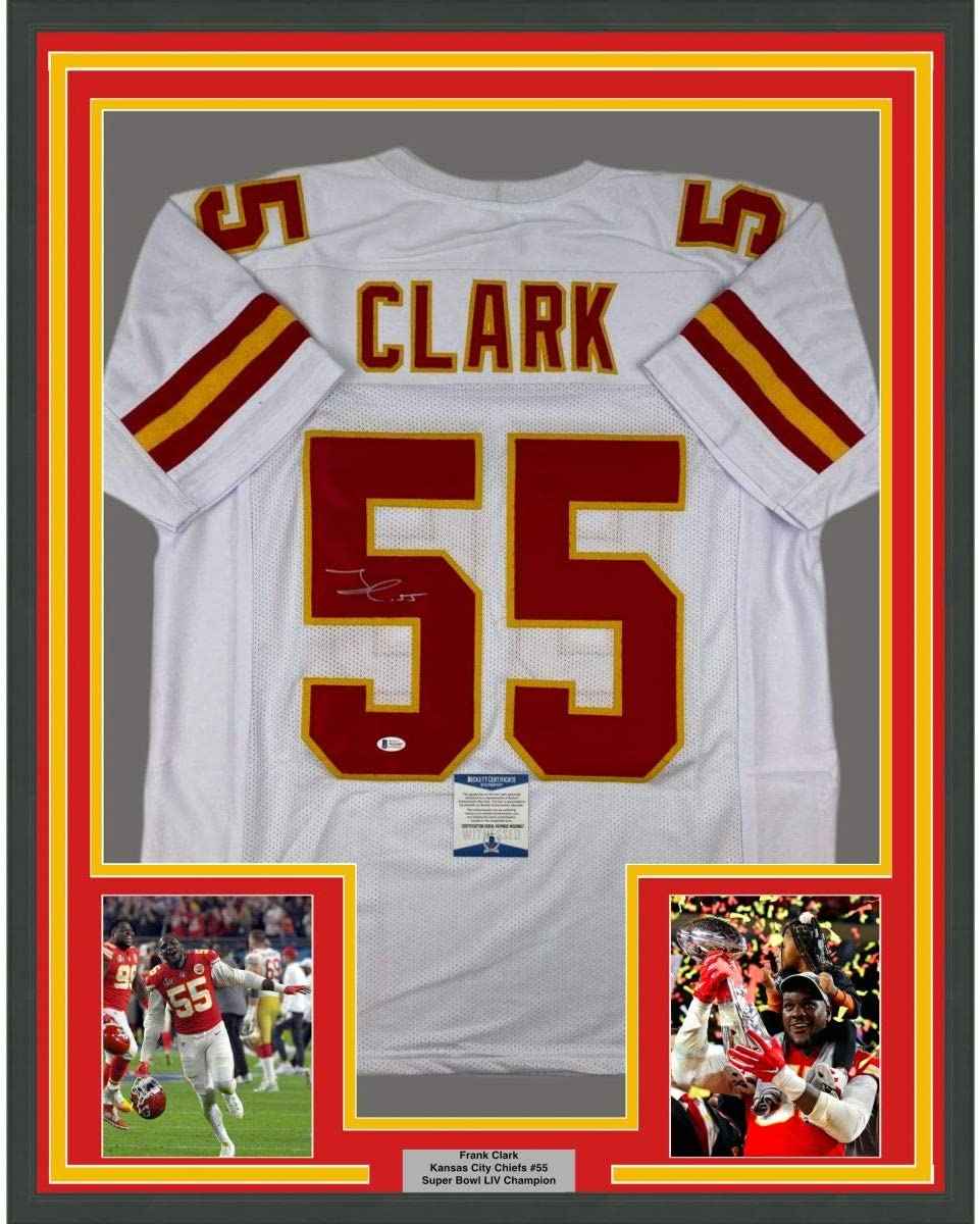 Framed Autographed/Signed Frank Clark 35x39 Kansas City White Football Jersey PSA/DNA COA