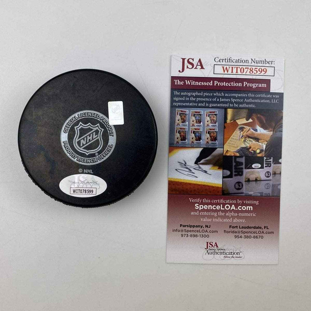 Autographed/Signed Bernie Parent Philadelphia Flyers Logo Hockey Puck JSA COA