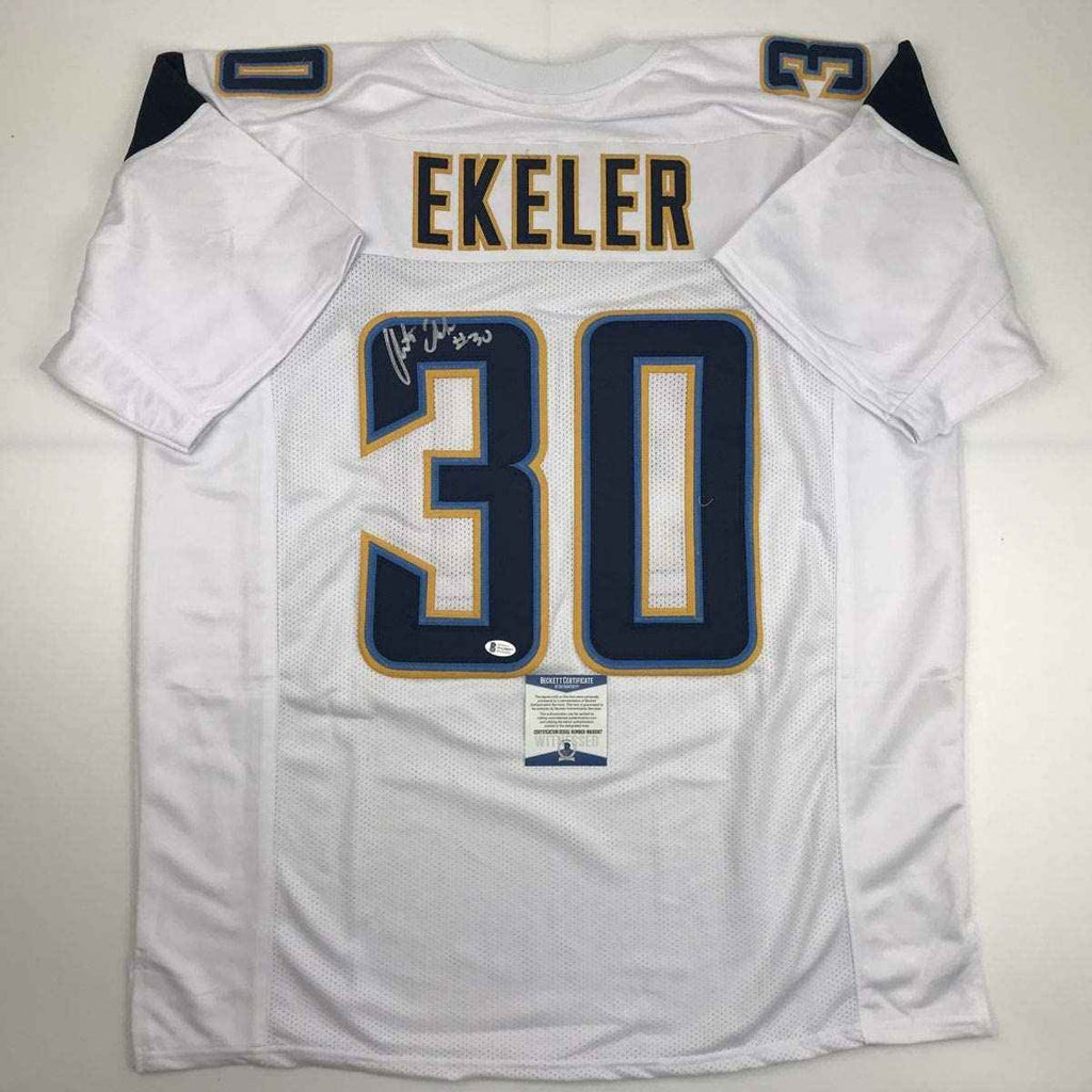 Autographed/Signed Austin Ekeler Los Angeles LA White Football Jersey Beckett BAS COA