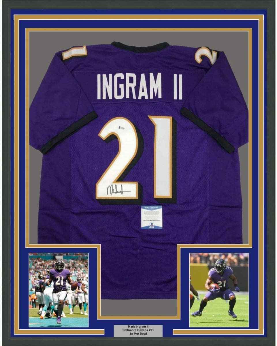 Framed Autographed/Signed Mark Ingram II 35x39 Baltimore Purple Football Jersey Beckett BAS COA