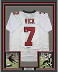 Framed Autographed/Signed Michael Mike Vick 35x39 Atlanta Retro White Football Jersey Beckett BAS COA