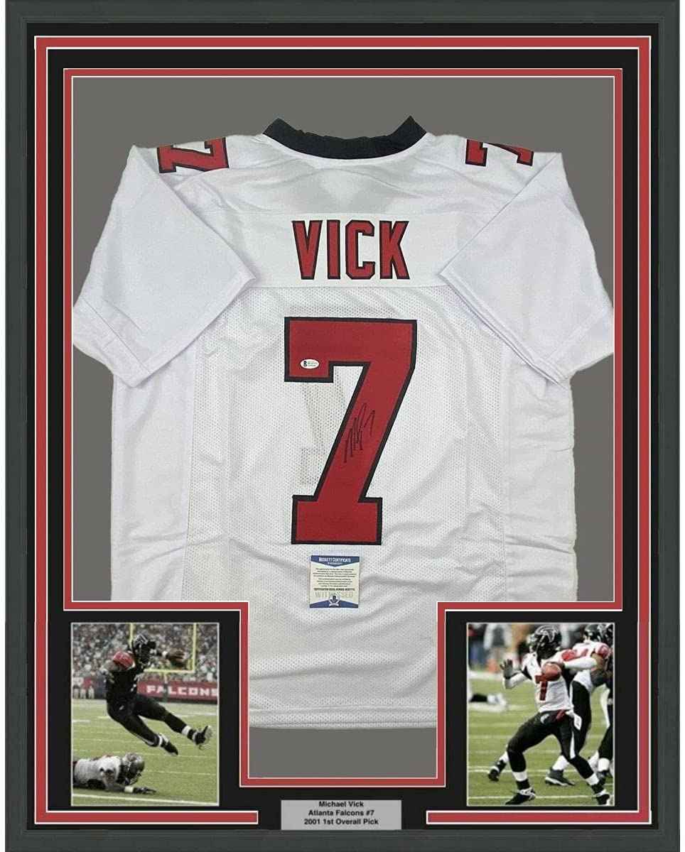 Framed Autographed/Signed Michael Mike Vick 35x39 Atlanta Retro White Football Jersey Beckett BAS COA