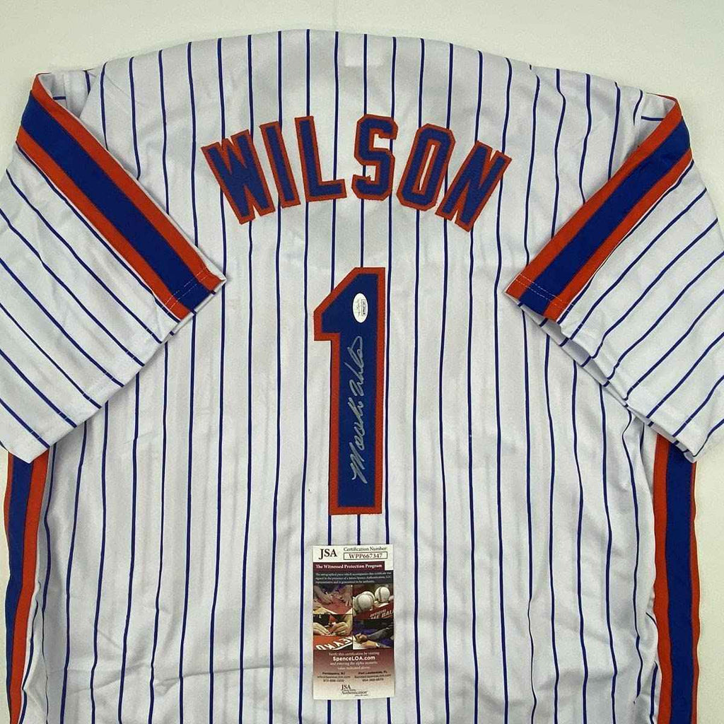 Autographed/Signed Mookie Wilson New York Pinstripe Baseball Jersey JSA COA