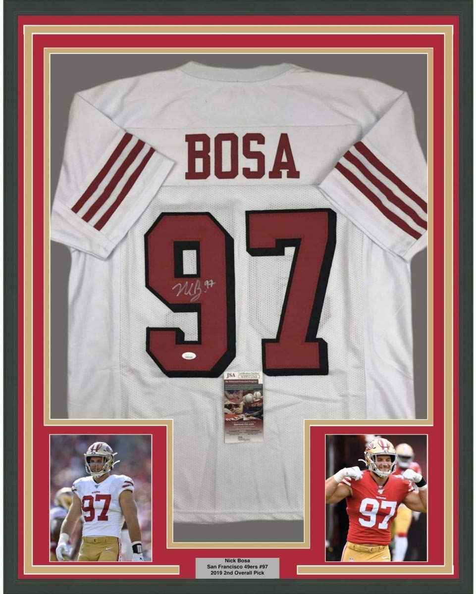 Framed Autographed/Signed Nick Bosa 35x39 San Francisco White Football Jersey JSA COA
