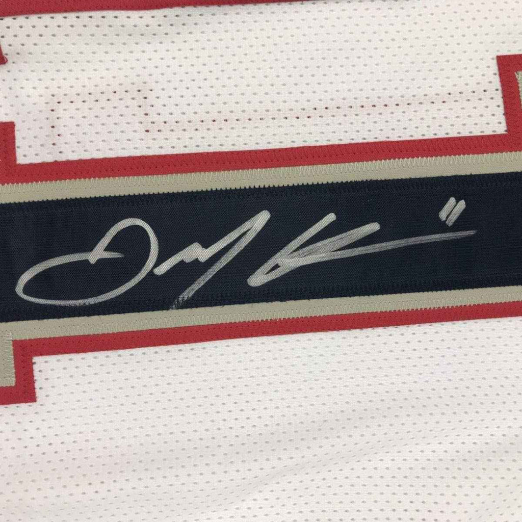 Framed Autographed/Signed Julian Edelman 35x39 New England White Football Jersey Beckett BAS COA