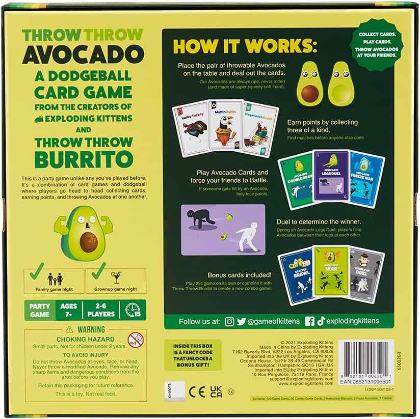Throw Avocado by Exploding Kittens - A Dodgeball Card Sequel and Expansion Set - Family-Friendly Party Games for Adults, Teens & Kids - 2-6 Players