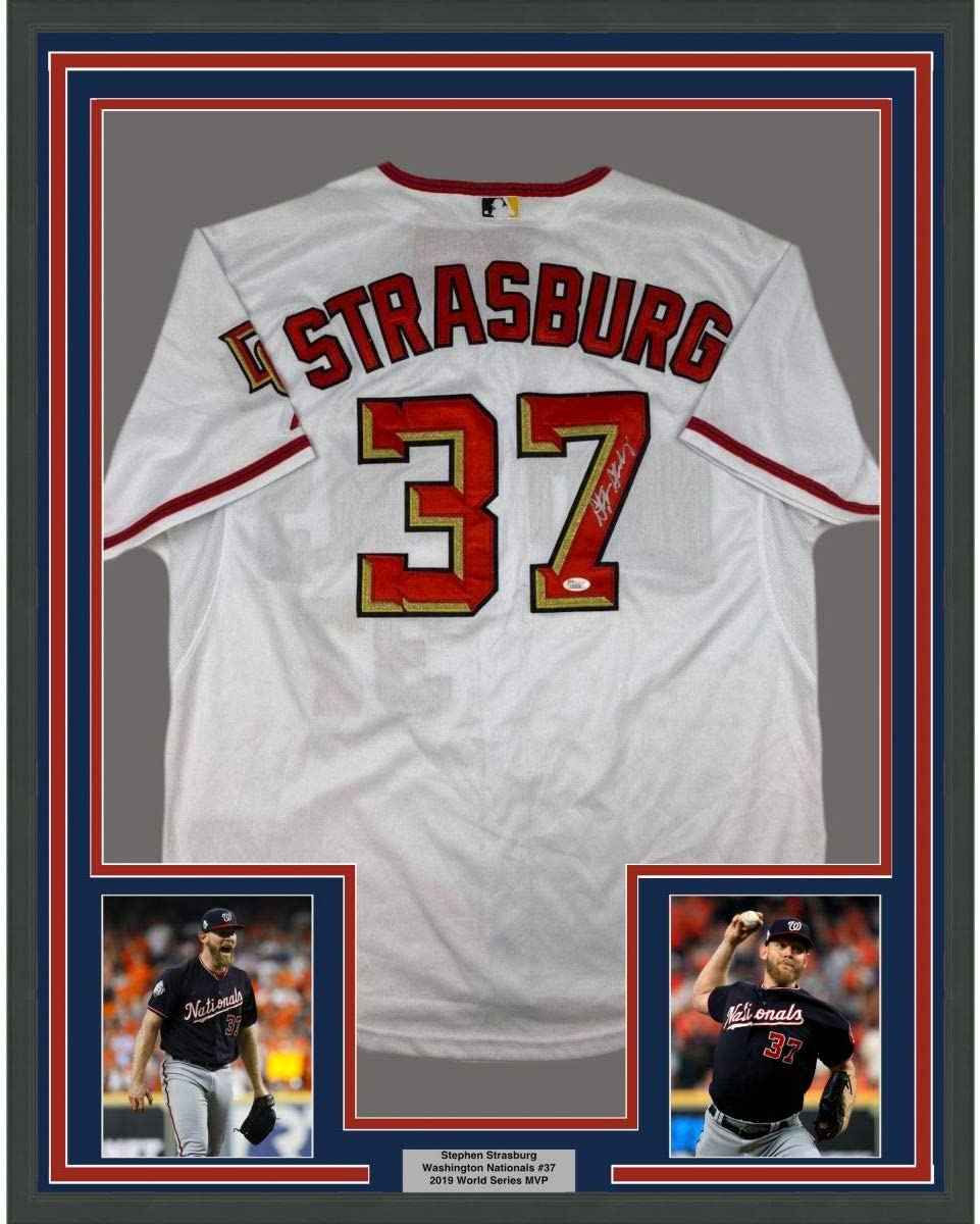 Framed Autographed/Signed Stephen Strasburg 35x39 Washington White Baseball Jersey JSA COA Holo Only