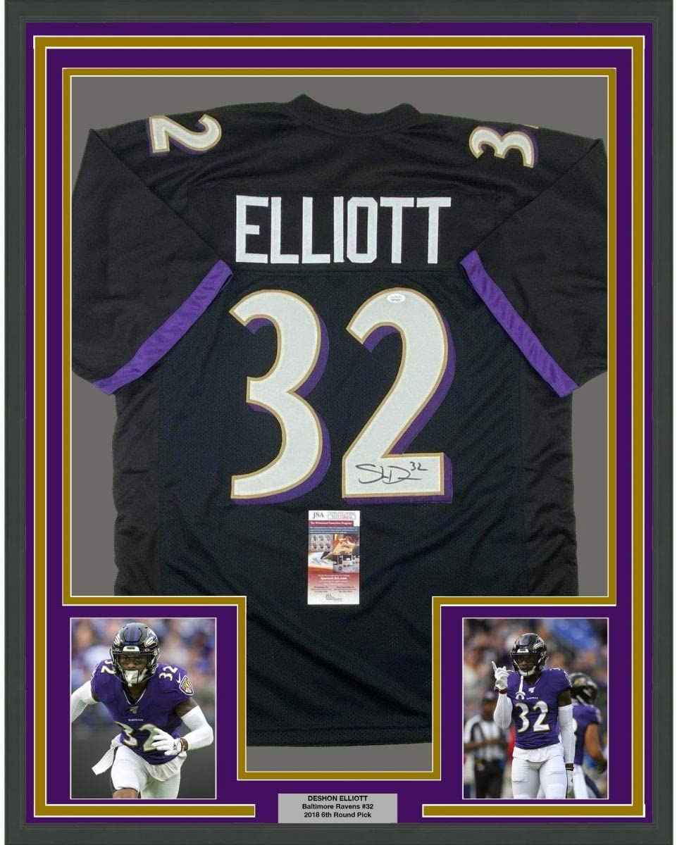 Framed Autographed/Signed DeShon Elliott 35x39 Baltimore Black Football Jersey JSA COA