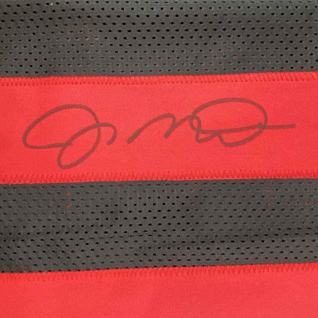 Framed Autographed/Signed Joe Montana 35x39 San Francisco Black Football Jersey JSA COA