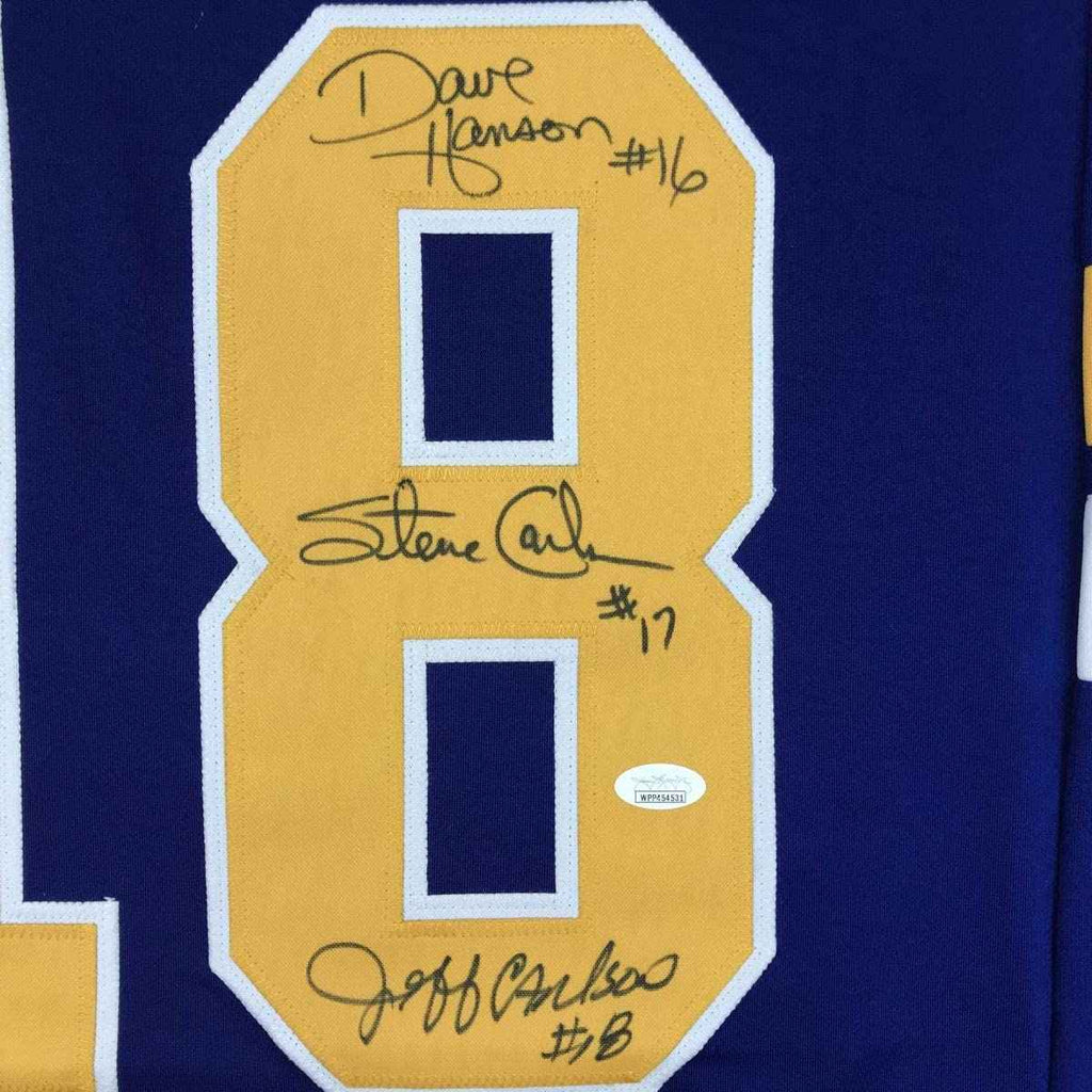Autographed/Signed Hanson Brothers Chiefs Slap Shot Movie #18 Blue Hockey Jersey JSA COA