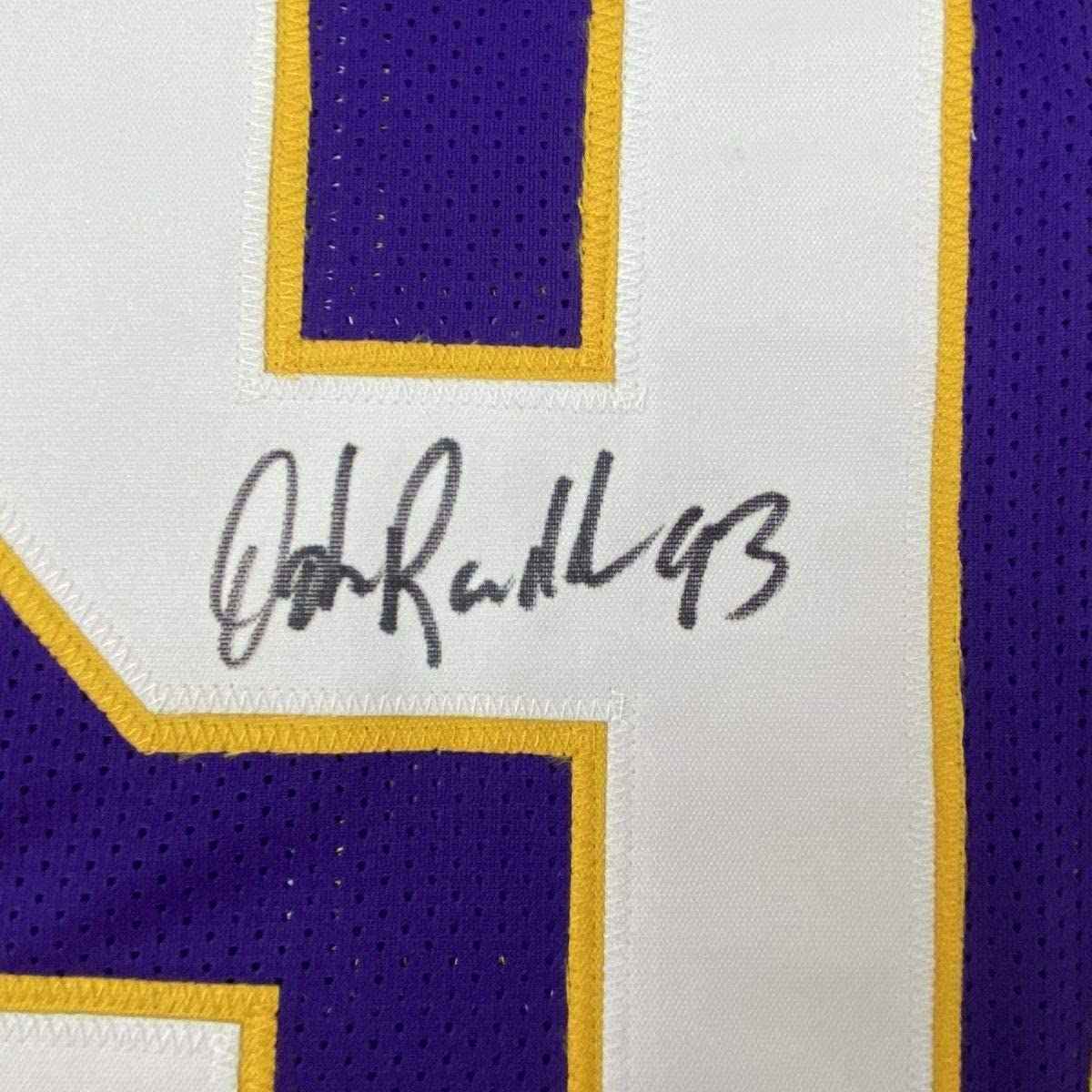Framed Autographed/Signed John Randle 35x39 Minnesota Purple Football Jersey JSA COA