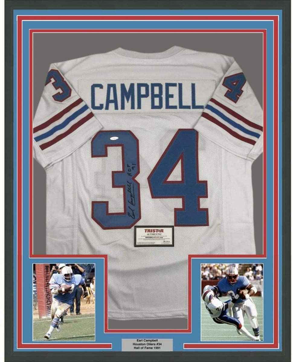 Framed Autographed/Signed Earl Campbell HOF 91 35x39 Houston White Football Jersey Tristar COA