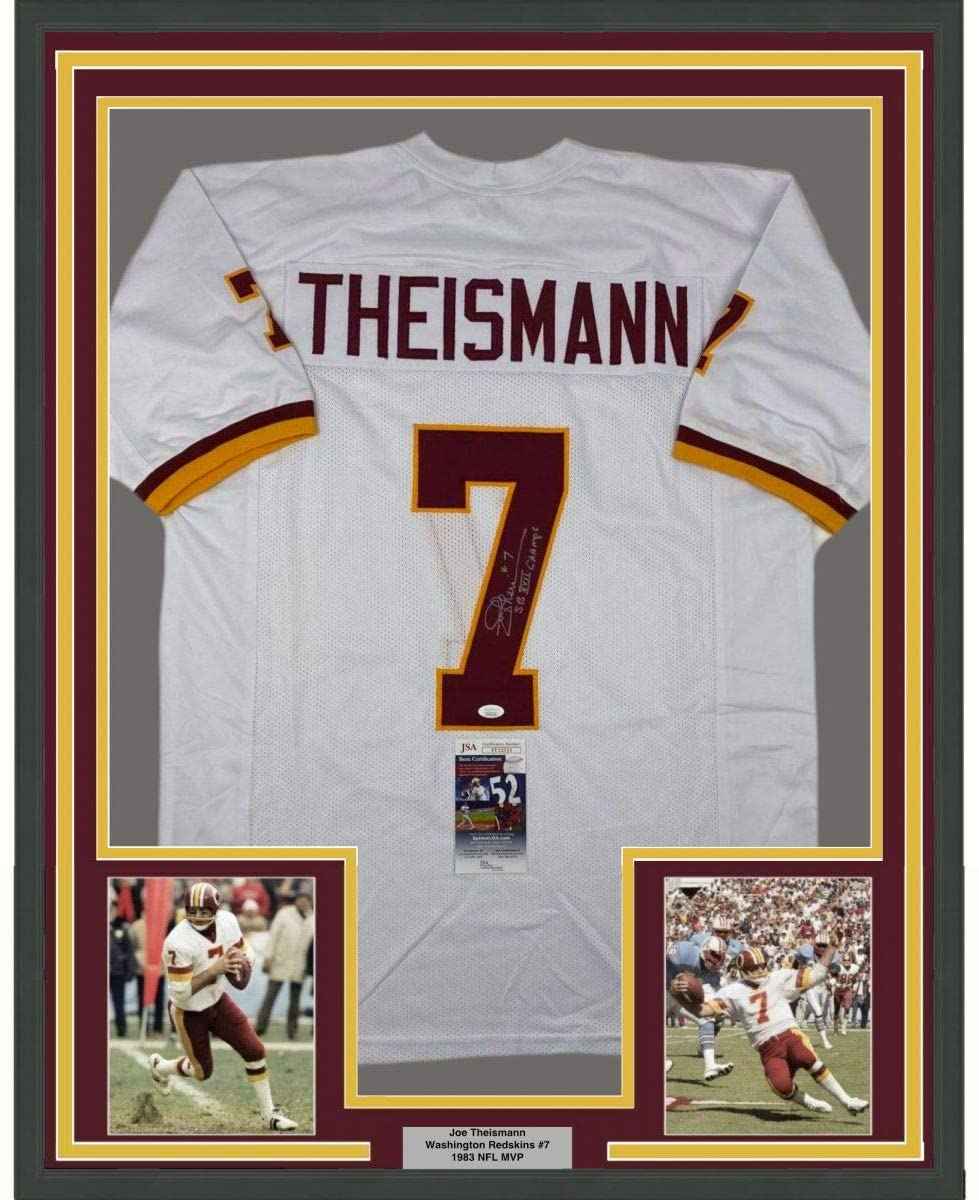 Framed Autographed/Signed Joe Theismann SB XVII Champs 35x39 Washington White Football Jersey JSA COA